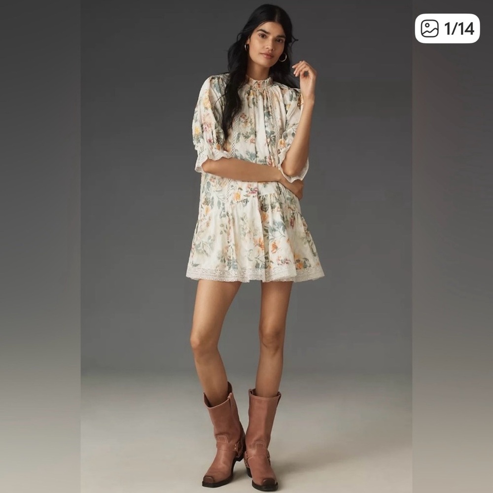 Pilcro Short Sleeve Floral Ruffle Mini Dress from Anthropologie Size Small